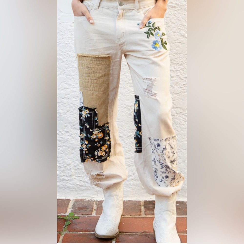 POL Distressed Joggers Oatmeal pants with patchwork boho bohemian pants